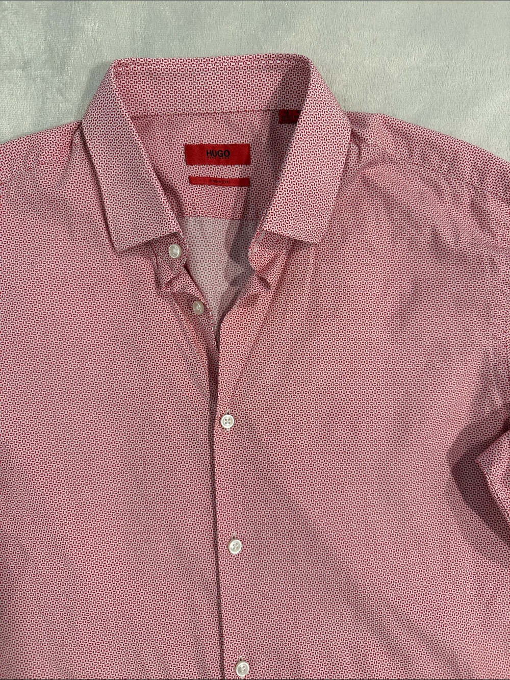 HUGO Hugo Boss Men’s Pink Patterned Button-Up Shirt - 16 32/33 Sharp Fit